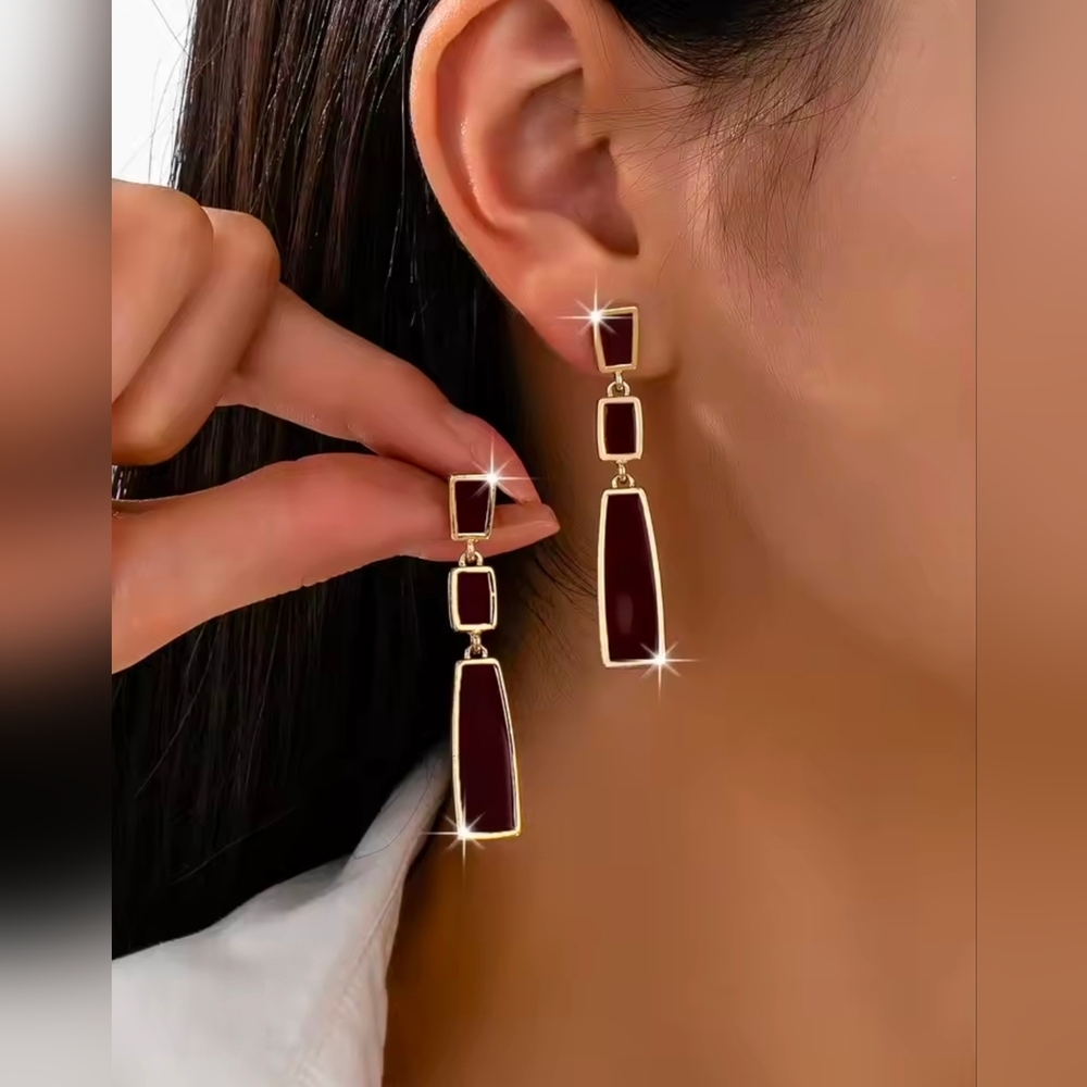 Gold and Dark Red Drop Earrings